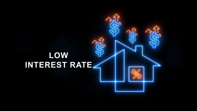 Low interest rate concept glowing neon house with upward trending dollar signs and percentage symbol financial growth