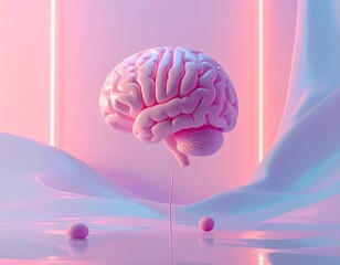 Brain-Shaped Balloon Floating on Pastel Studio Background