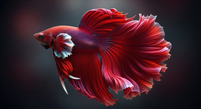 Vibrant red betta fish with flowing fins against dark background
