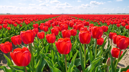 Fototapeta premium Vast field of red tulips in full bloom under a blue sky. Rows of spring flowers in a rural landscape. Agricultural floral background