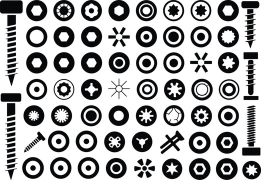 Screw and bolt head silhouettes collection, black hardware fastener drive types isolated on white background, industrial engineering vector icon set