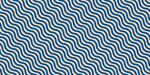 Simple vector seamless pattern with vertical wavy lines, bold stripes, liquid shapes. Navy blue and beige abstract ripple texture. Stylish waves background. Repeated design for decor, print, fabric