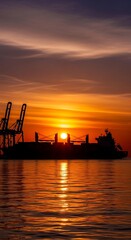 Obraz premium Large cargo vessel silhouette visible against a vibrant orange and purple sunset over rippling water.