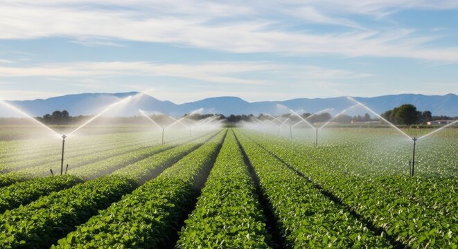 Automated irrigation systems water rows of lush green crops under a clear blue sky.