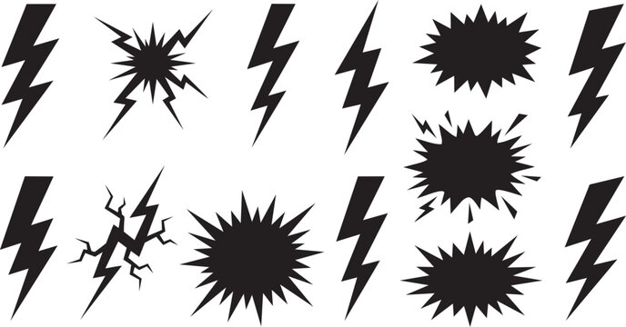Set of lightning bolt and electric thunder flash silhouettes. Vector thunderbolt strike, voltage shock icons, and comic impact shapes.