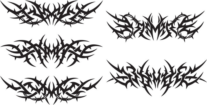 Set of Y2K cyber sigilism tribal tattoo designs. Vector gothic thorn and spike symmetrical patterns for streetwear logo and decal.
