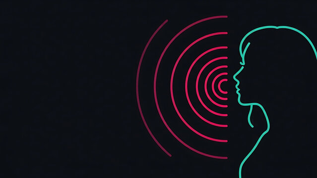 I radiate conceptual neon profile of a woman emitting energy waves and voice vibrations. Modern Neon Line Art.