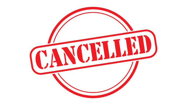 Canceled Stamp: A bold red CANCELLED stamp, boldly emblazoned on a plain backdrop, signifying a decisive rejection or discontinuation.