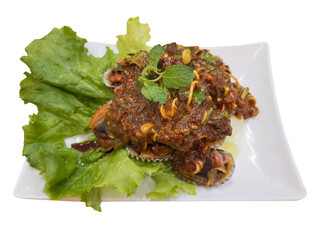 Spicy Thai cockle salad (Yum Hoi Krang) mixed with chili, lime, and herbs, isolated on transparent background, PNG format, suitable for menu design and food advertising.