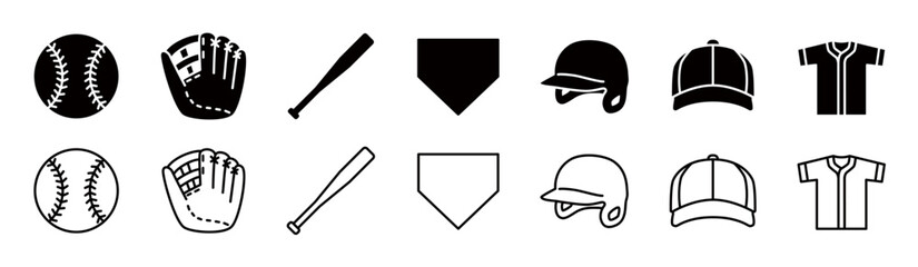 Baseball equipment simple icon set, editable lines