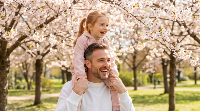 Father carrying daughter on shoulders under blooming cherry blossom trees. Happy family walking in a spring park. Sakura season and parenting concept
