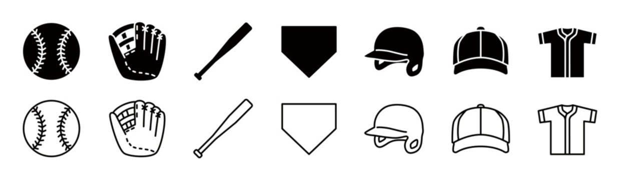 Baseball equipment simple icon set, editable lines