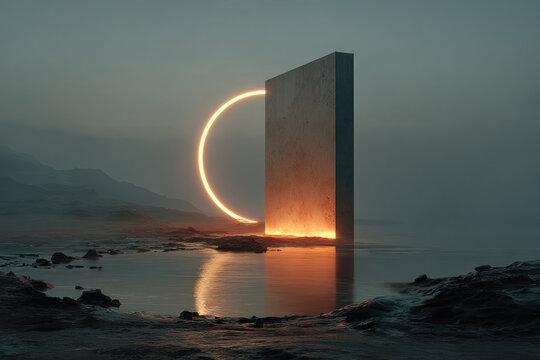 A surreal, minimalist scene: a monolithic rectangular slab stands at the boundary between land and water, partially concealing a glowing ring of fire.  