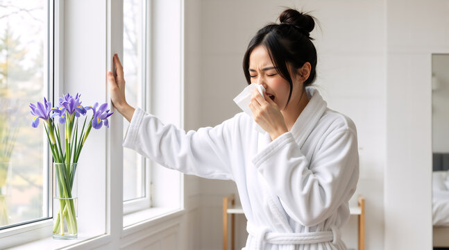 Young Asian woman sneezing into a tissue at home. Sick female in white bathrobe suffering from seasonal allergies or cold by a window with flowers. Health and wellness concept
