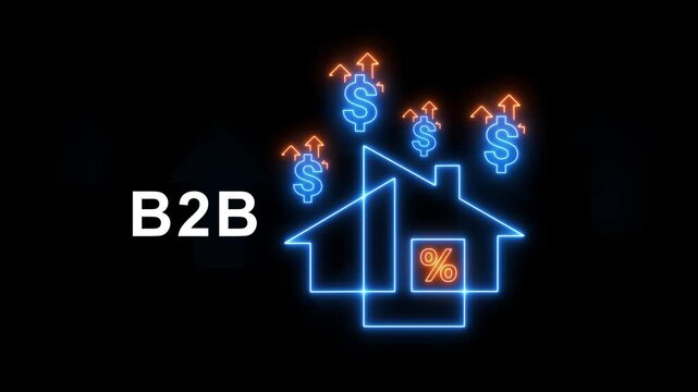 Business to business financial growth concept with glowing neon house and upward trending dollar signs illustrating B2 B investment and real estate market success