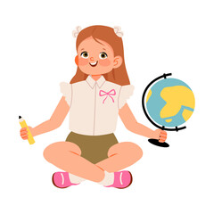 Happy little girl holding a globe and pencil, representing education, geography learning, curiosity, and early childhood study. Flat vector illustration.
