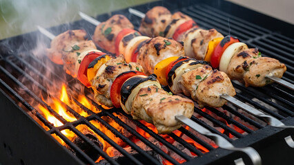 Juicy chicken and vegetable skewers grilling over hot coals on a barbecue.