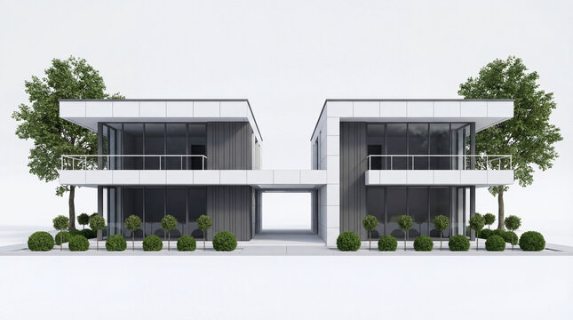 Modern luxury duplex house exterior with minimalist architecture and greenery
