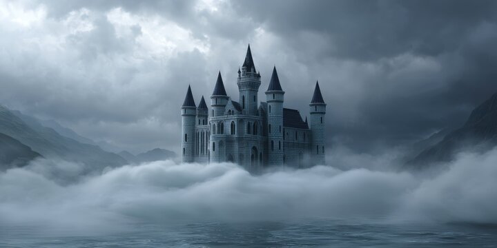 Gothic castle surrounded by swirling mist in moody fantasy landscape 
