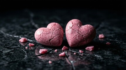 Obraz premium Dramatic close-up of two small pink hearts on dark marble surface romantic concept photography intimate setting