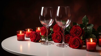 Romantic evening with red roses and wine glasses intimate table setting candlelit atmosphere close-up view