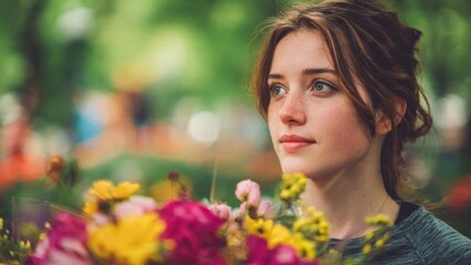 Naklejka premium Dreamy Woman with Flowers in Natural Setting