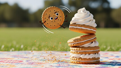 Playful animated cookie character jumping near a stack of cream-filled cookies in a park.