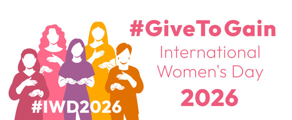 Give to Gain campaign pose. International Women's Day 2026. Diverse women demonstrate open palms giving gesture, with hand on their hearts to show generosity, collaboration and support for all women