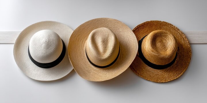 Minimalist layout with three different styles of sombrero hats arranged on white table background 