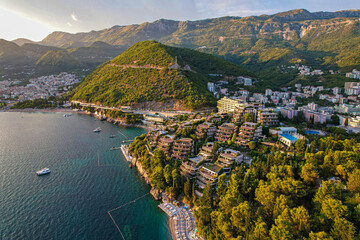 Budva Riviera at Sunset, Montenegro Coastline Aerial View