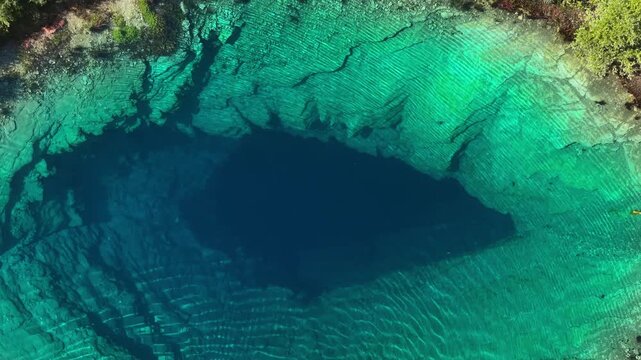 Aerial top-down view of the source of the Cetina River in Croatia, showing deep turquoise water.