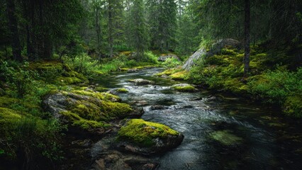 Obraz premium Forest Stream with Mossy Rocks