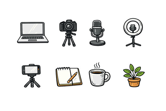 Media and technology icon set. Containing laptop, camera, microphone, ring light, smartphone, notebook, coffee, plant.