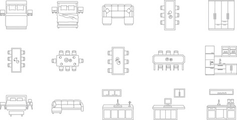 Fototapeta premium A collection of 12 black and white technical furniture drawings isolated on transparent background