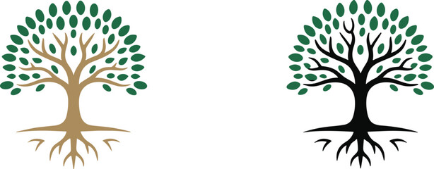 Twin tree illustration, mirrored nature artwork, symmetrical design concept, green leaves canopy, roots and trunk variation, eco friendly symbol, environmental growth theme © Md Shahedul