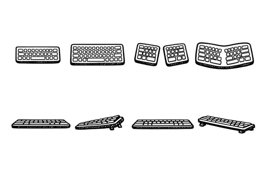 Keyboard Icon Set. Containing standard, ergonomic, wireless, mechanical, vintage, slim, portable, gaming and more.