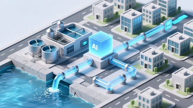 Flowing AI-managed resources through intricate urban smart city pipeline network isometric 3D illustration of advanced infrastructure for efficient digital water management