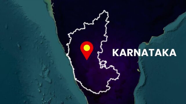 Karnataka map highlighted on India map. State location marker and geographic focus animation