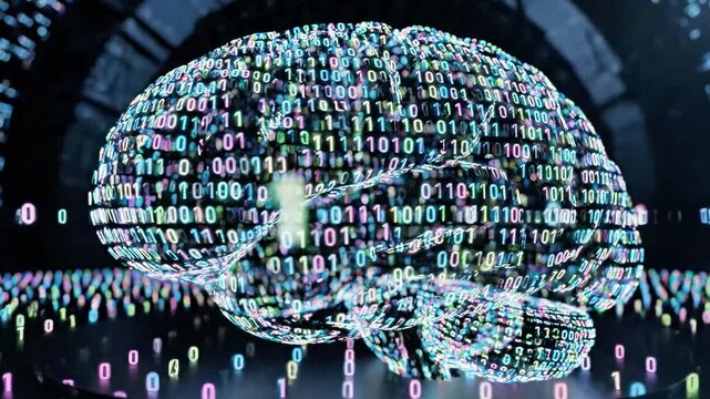 A digital illustration of a human brain composed of colorful binary code, surrounded by vibrant pixels and circuitry patterns, set against a futuristic dark background with blurred geometric shapes