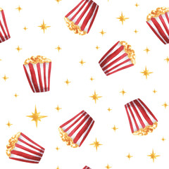 Seamless pattern popcorn and yellow star. Watercolor hand drawn illustration clipart. Isolated on white background. For textile, kitchenware, scrapbooking, crafting. 