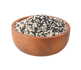 White and black sesame seeds in wooden bowl on transparent png