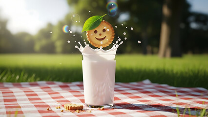 Happy cookie character with a leaf face smiles as it splashes into a glass of milk on a picnic blanket.