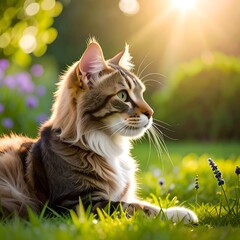 Long-haired cat rests in sun-drenched grass with soft-focus purple flowers and greenery in background