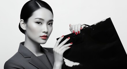 Elegant woman posing with black object in studio setting