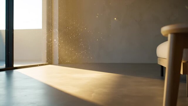 Dust motes illuminated by sunlight streaming through a window, creating a serene and peaceful atmosphere in a minimalist room