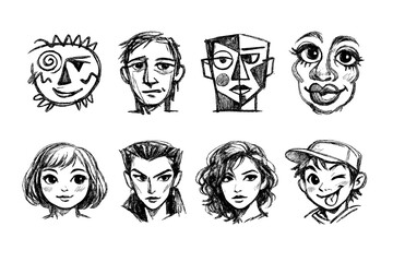 Character and Emotion Icon Set. Featuring faces, expressions, personas, moods, joy, sadness, surprise, laughter, and more.