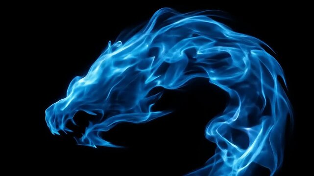 Abstract digital dragon head in vivid blue against a dark backdrop