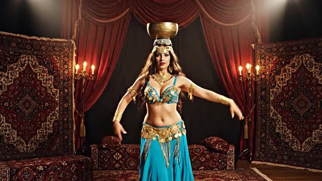 A dancer performs with a golden bowl balanced on her head in an ornate setting
