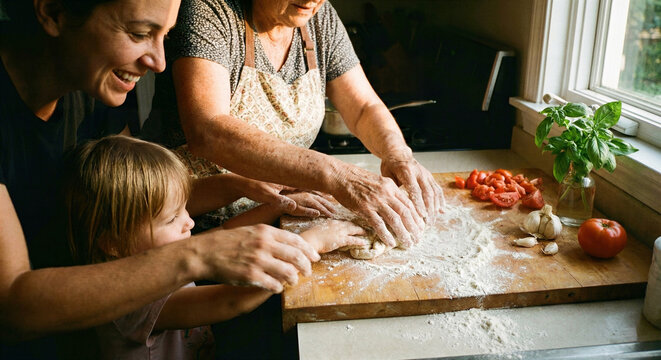 Authentic three generations of women happily kneading dough in a bright, rustic kitchen, sharing family cooking traditions.