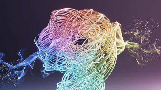 Abstract digital art featuring a colorful, swirling, tangled knot of lines and particles against a dark, gradient background